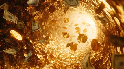 A 3D scene where gold coins and dollar bills are swirling together in a vortex