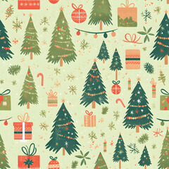 Christmas trees and presents seamless pattern on green background.