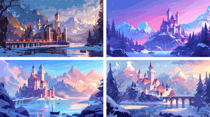 Magical winter fortress cartoon vector scenes. Mountains boulders peaks snow covered spires tower castle icy lake frost stream legendary bastion fantasy artworks
