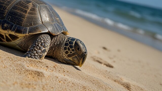 A tranquil turtle resting on a sandy beach