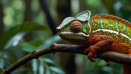 A vibrant chameleon blending into a lush rainforest
