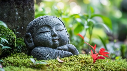 Fototapeta premium Tranquil stone buddha sculpture rests in a lush mossy garden.