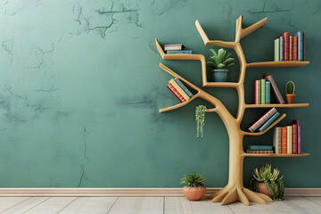 A tree shaped bookshelf with books in a home decor style on wall background.