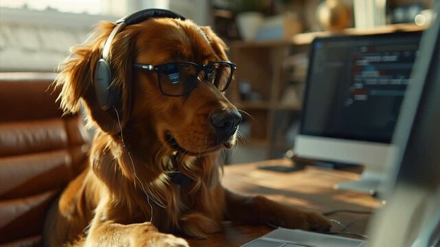 Golden Retriever Working From Home: A furry friend with a serious look on his face, sporting headphones and glasses, sits at a desk with a computer, embodying the work-from-home lifestyle with a touch