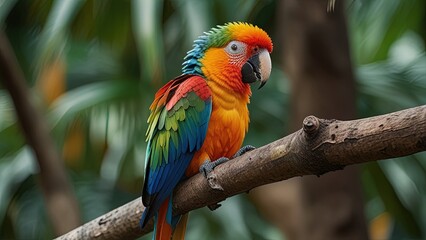 A vibrant parrot perched on a tropical branch