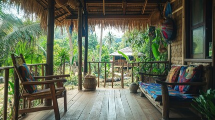 Fototapeta premium Relaxing porch with wooden furniture and view of tropical jungle.