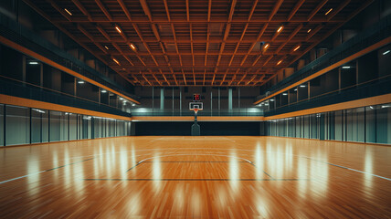 Indoor basketball court with polished wooden floor and overhead lighting in a spacious gymnasium