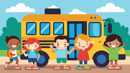 School Bus Ride: Students getting on or off a school bus, excited for the new school year.
