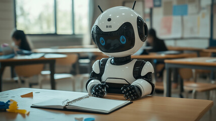 A humanoid robot assists students in a modern classroom setting during a learning session