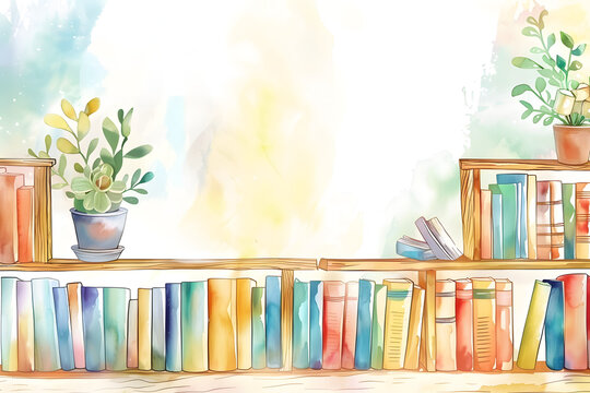 Cute cartoon bookshelf frame border on background in watercolor style.