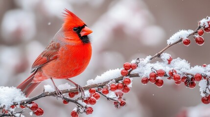 Cardinal Perched on Snowy Branch