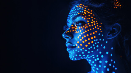Woman with detailed blue and orange dot patterns, posing against a dark background, illuminated by blacklight, exuding a surreal and mysterious effect