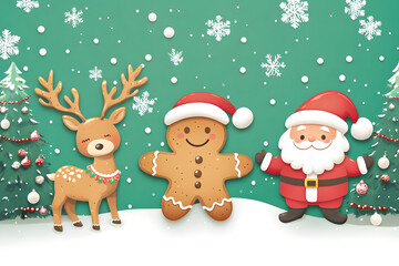 Naklejka premium Cute Christmas cartoon with a gingerbread with reindeer and Santa Claus on green background.