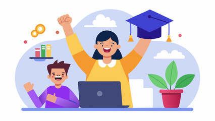 Student and Parent Celebrating Virtual Learning Success, Happy Online Education Achievement