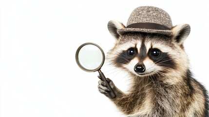 Fototapeta premium Detective raccoon with magnifying glass on transparent background, funny and curious