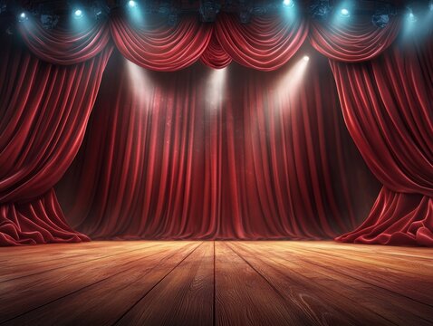 Red Velvet Curtains, Stage Lights, Theater Performance, Auditorium, Show Begins, Anticipation, Performance Art, Dramatic Lighting, Backstage, Stage Set, Curtain Call, Live Entertainment, Theater