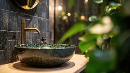 Modern bathroom with a green sink and gold faucet, with a plant out of focus in the foreground.