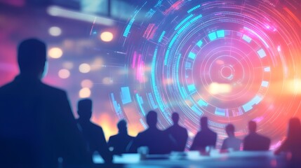 Silhouettes of Business People with Futuristic Tech Background