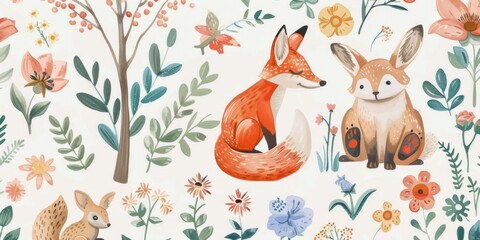 Fototapeta premium Whimsical Woodland Pattern with Foxes and Flowers