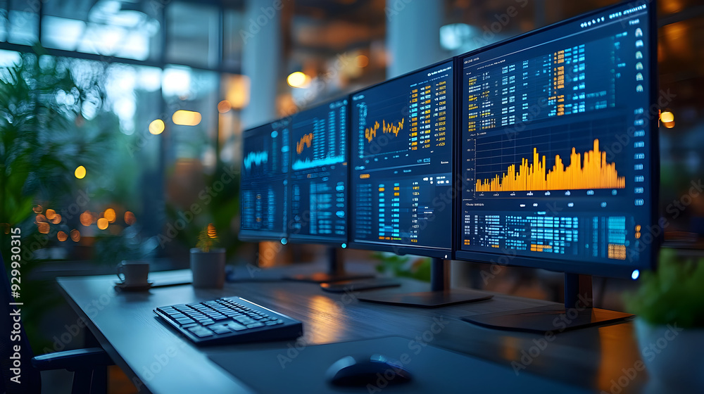 Poster Workspace with multiple monitors displaying data analytics.