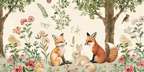 Obraz premium Two Foxes and a Rabbit in a Spring Forest
