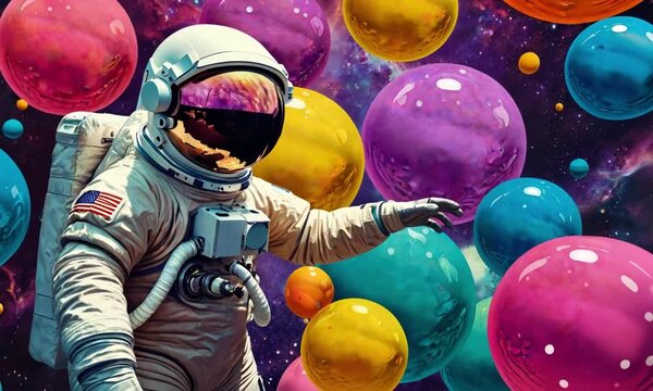 footage of an astronaut inside a galaxy of colorful bubbles on another planet, Ai-Generated Vidios