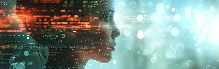 Digital Mind: A Futuristic Portrait of a Woman with Binary Code Overlay