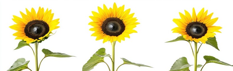 Obraz premium Detailed close-up view of three sunflowers in bloom, isolated over a transparent background