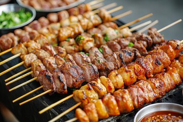 A variety of skewers of meat are on a grill, with some being grilled