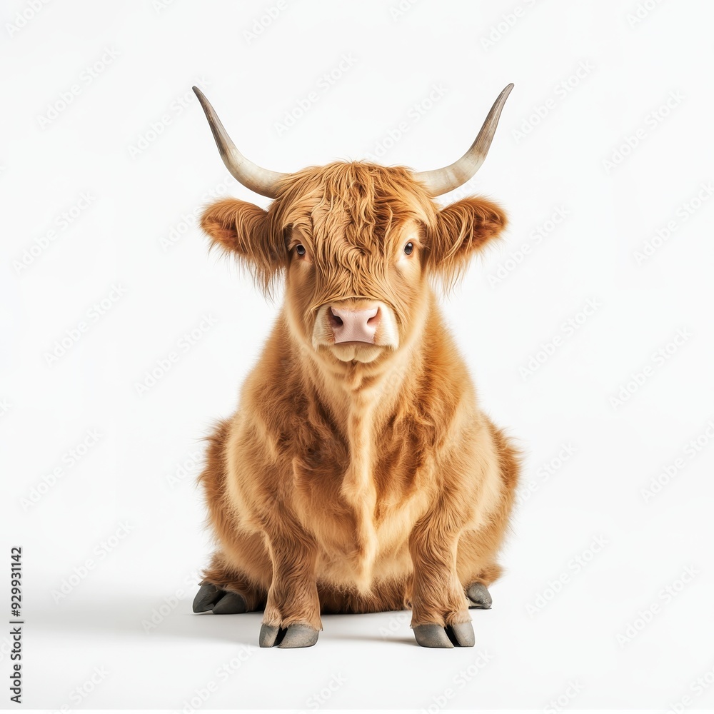 Wall mural sitting scottish highland cow isolated on white