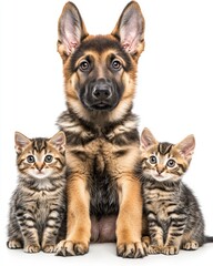 Fototapeta premium Isolated on a transparent background, two little German shepherd puppies and kittens sitting together as friendship animals