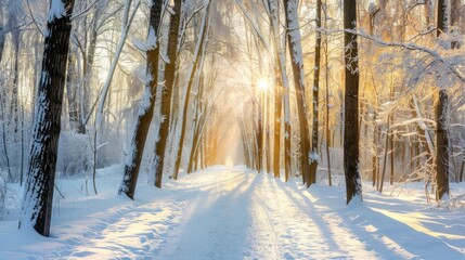 Obraz premium Snowy Morning Landscape with Frosty Trees and Clear Sky