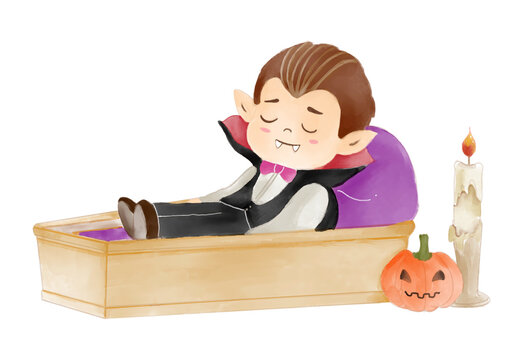 sleeping vampire in coffin, halloween watercolor clip art preview