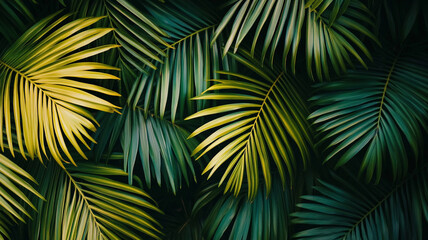 Lush green and yellow palm leaves arranged artfully in a tropical setting
