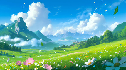 Fototapeta premium A Serene Meadow Landscape with a Distant Village and Mountains Under a Clear Blue Sky