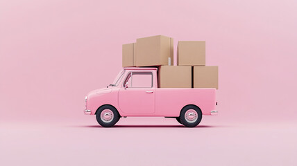 A pink truck delivers cardboard boxes against a pastel pink background