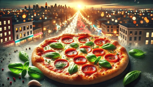 A pizza with pepperoni, melted cheese, and fresh basil leaves