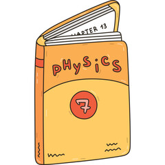 Colourful open school textbook on physics for seven grade. Doodle kids academic book, literature, encyclopedia. Back to school supply for study, reading, learning. Hand drawn outline illustration.
