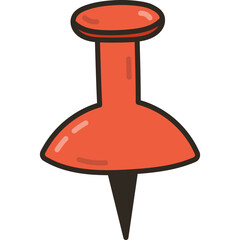 Cute doodle push pin with plastic red top and needle. Thumbtack, pointer, fixation button head for attaching paper to notice and cork board. Hand drawn office and school stationery outline clipart.
