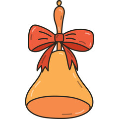 Colourful doodle school bell with bow and ribbon. Golden metal hand bell for start of learning, lessons. Symbol of Back to school, September 1, Knowledge Day. Hand drawn outline clipart isolated.