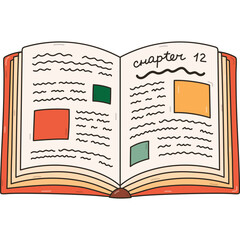Colourful outline open book with chapter and pictures. Cute concept of reading lovers, kids learning, study. Academic book, literature, encyclopedia. Back to school supply. Hand drawn isolated doodle