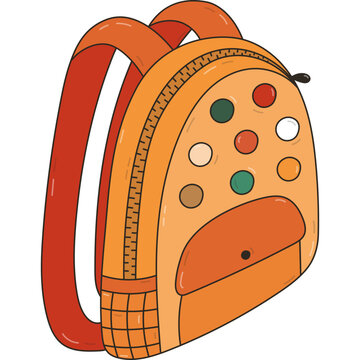recommend clip art: Colourful doodle kids schoolbag with pockets, zipper, badges. Back to school outline rucksack or bag full of school supplies. Hand drawn backpack for children, students. Childish illustration