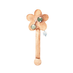 Rattle from Wood. Vintage Eco Baby Toy. Flower on a Stick. Watercolor hand drawn illustration in blue, green and beige tones isolated on white background. Design element for Kids goods, tags, Baby and