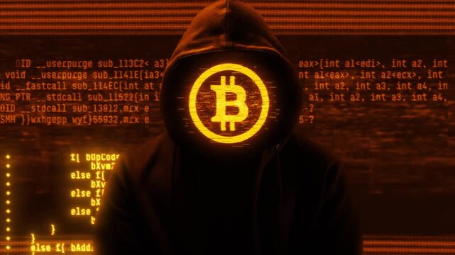 Anonymous hacker with hoodie and glitch bitcoin on face. Computer abstract digital code at the background. Dark web or darknet fraud. Cryptocurrency bitcoin mixer and p2p money concept