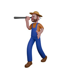 3D Male Agricultural Character. A farmer is standing with one hand holding a pitchfork resting on his shoulder, while the other hand is extended forward. Farmer Professional