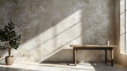 Wooden desk and empty wall
