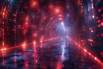 Obraz premium Futuristic tunnel with red and blue neon lights creating a high-tech, sci-fi atmosphere, perfect for technology and digital concepts.