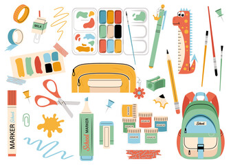 A set of stationery for creativity. Materials for drawing. Flat style school stationery for children. Paints, brushes, palette, markers and other items for art.