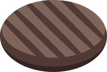 Round, cooked burger patty is laying on its side, showing off its appetizing grill marks