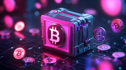 A 3D icon of a digital wallet designed as a small vault with a combination lock, surrounded by floating currency symbols like Bitcoin and Ethereum